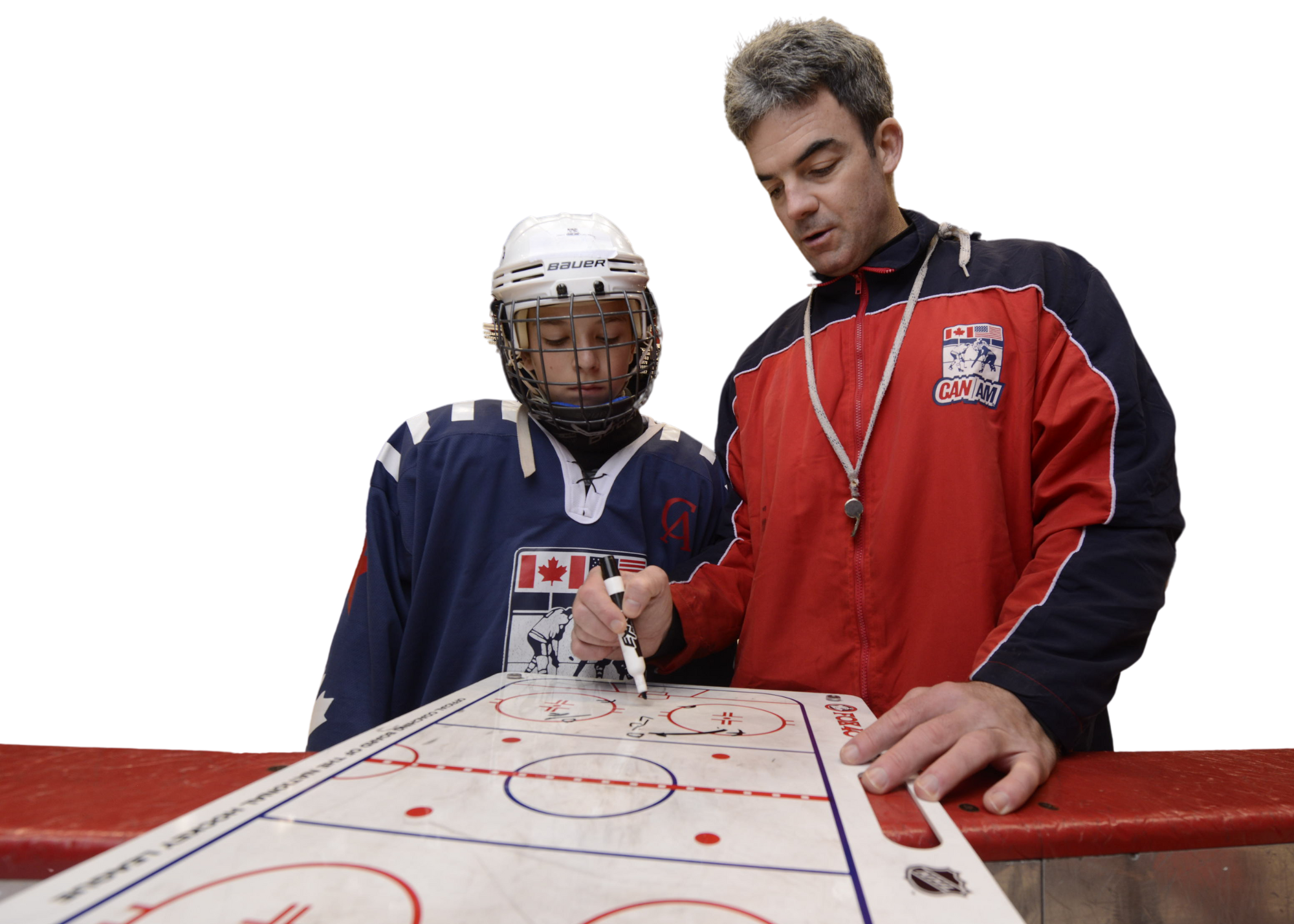 Coach with Rinkboard going Over Plays w Camper